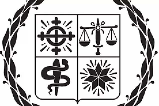 Logotyp lunds doktorandkår. En svart illustrerad krans fylls med fyra svarta symboler som symboliserar bl.a. rättvisa och sjukvård. Vit bakgrund.