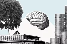 Collage with a tree, the roof top of LUSEM, a brain and a stack of coins