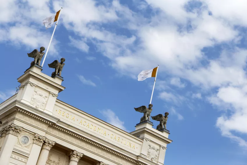 Detalj från Universitetshuset med sfinx, flagga, himmel. Foto